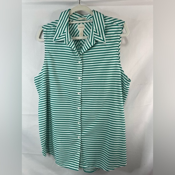 Chicos 100% cotton green and white strip blouse. Light weight and wrinkle free - Picture 1 of 5